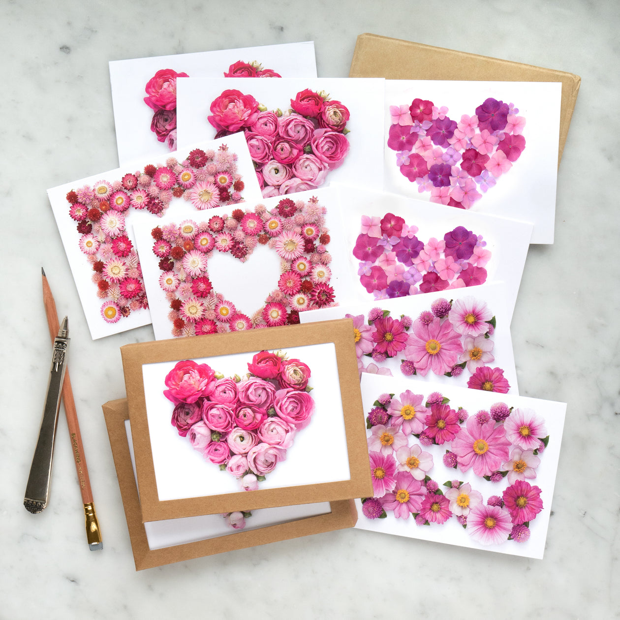 Card set - Hearts and pink flowers